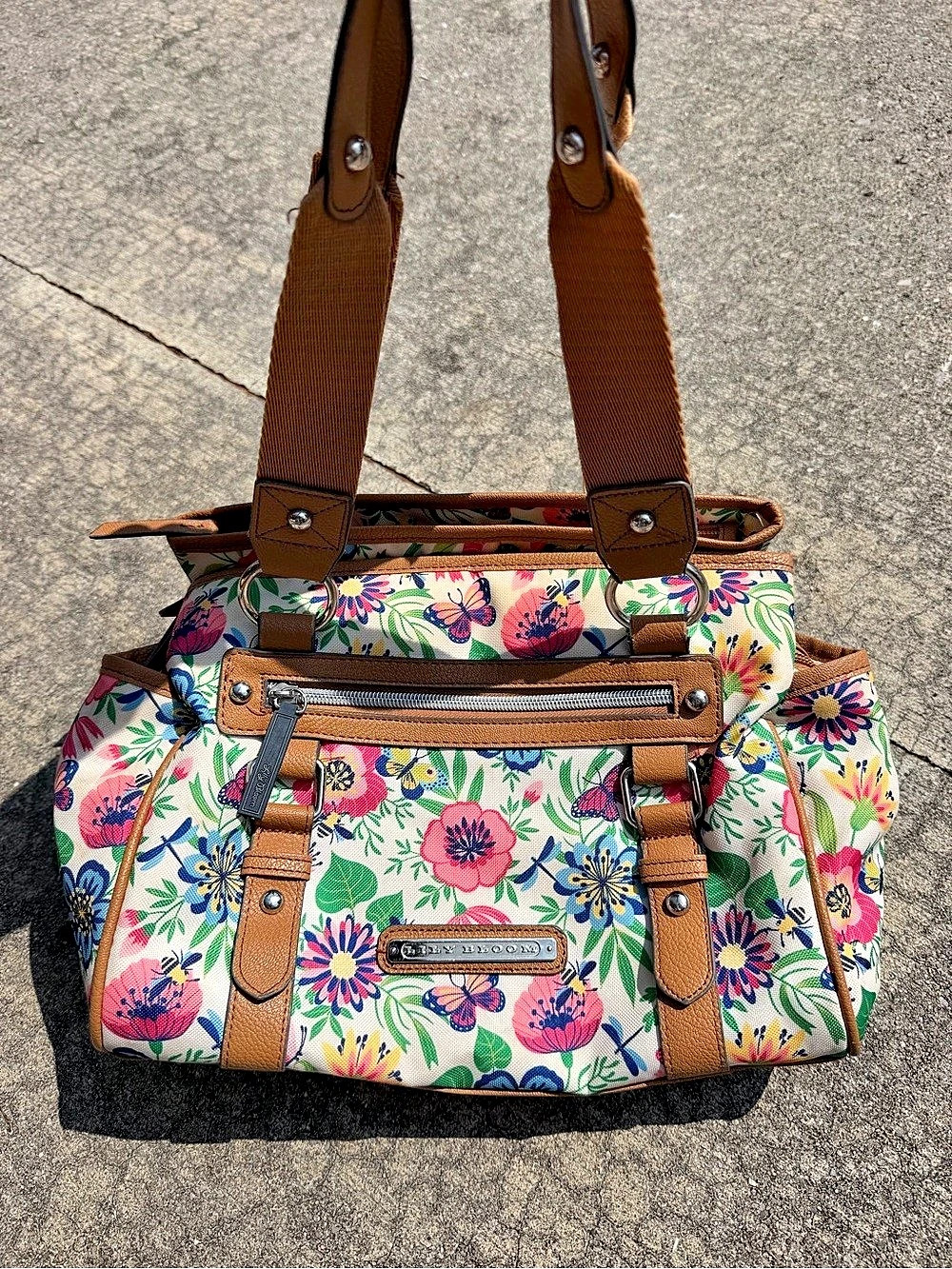 Lily Bloom Floral Shoulder Bag in White & Brown
